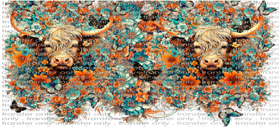 ANM UV 130 Highland Cow Turquoise and Orange Flowers UV DTF 16oz Wrap