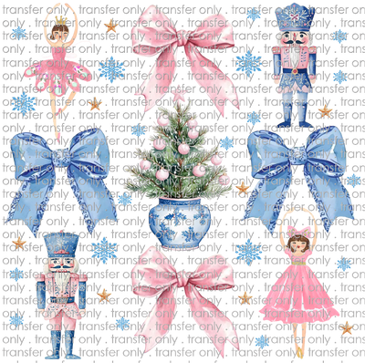 CHR 1129 Blue and Pink Bows with Tree and Nutcrackers