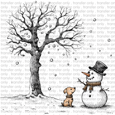 CHR 1228 Sketched Snowman and Dog with Tree