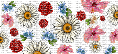 FLW UV 160 White Daisies, Red Roses, Blue Flower Wallpaper UV DTF 16oz Wrap