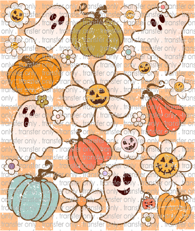 HALLO 181 Checkered Ghosts Flowers Pumpkins Distressed