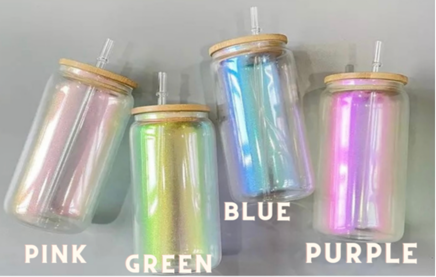 Iridescent 16oz Glass Cups  - with Bamboo Lid and Straw-Sublimation