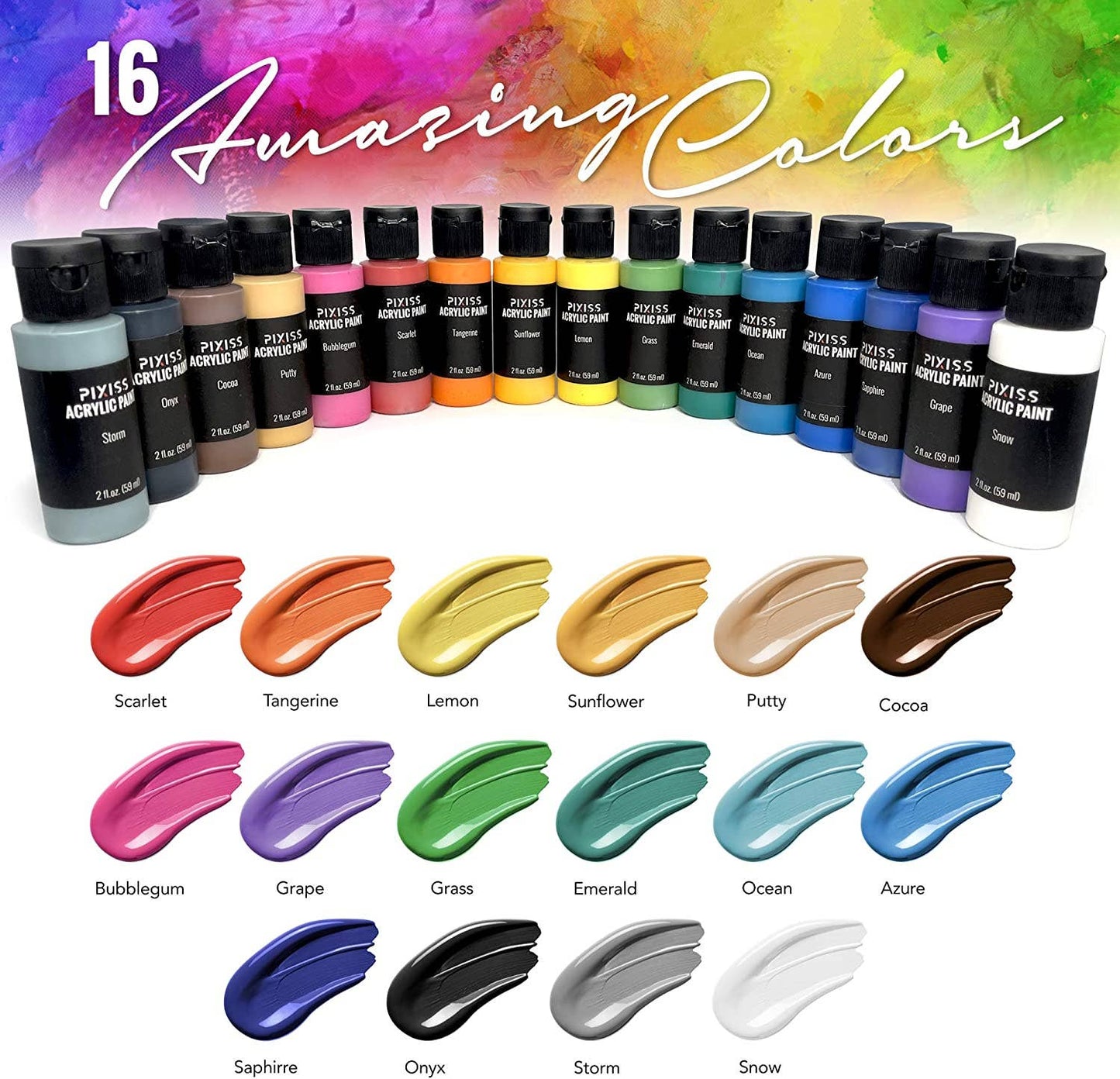 PIXISS Acrylic Paint Set - 16 Vibrant Colors