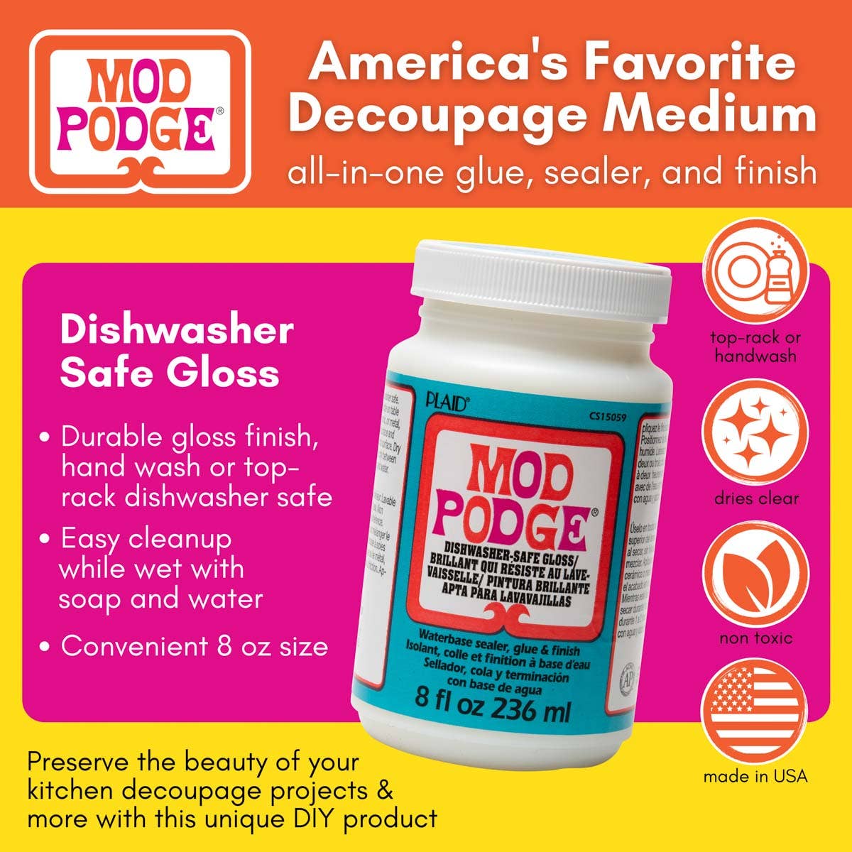 Mod Podge Gloss Glue, Sealer, and Finish Dishwasher Safe 8oz