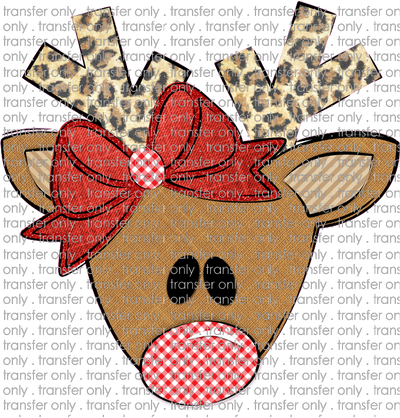 CHR 236 Reindeer Leopard Antlers Gingham Nose Red Bow